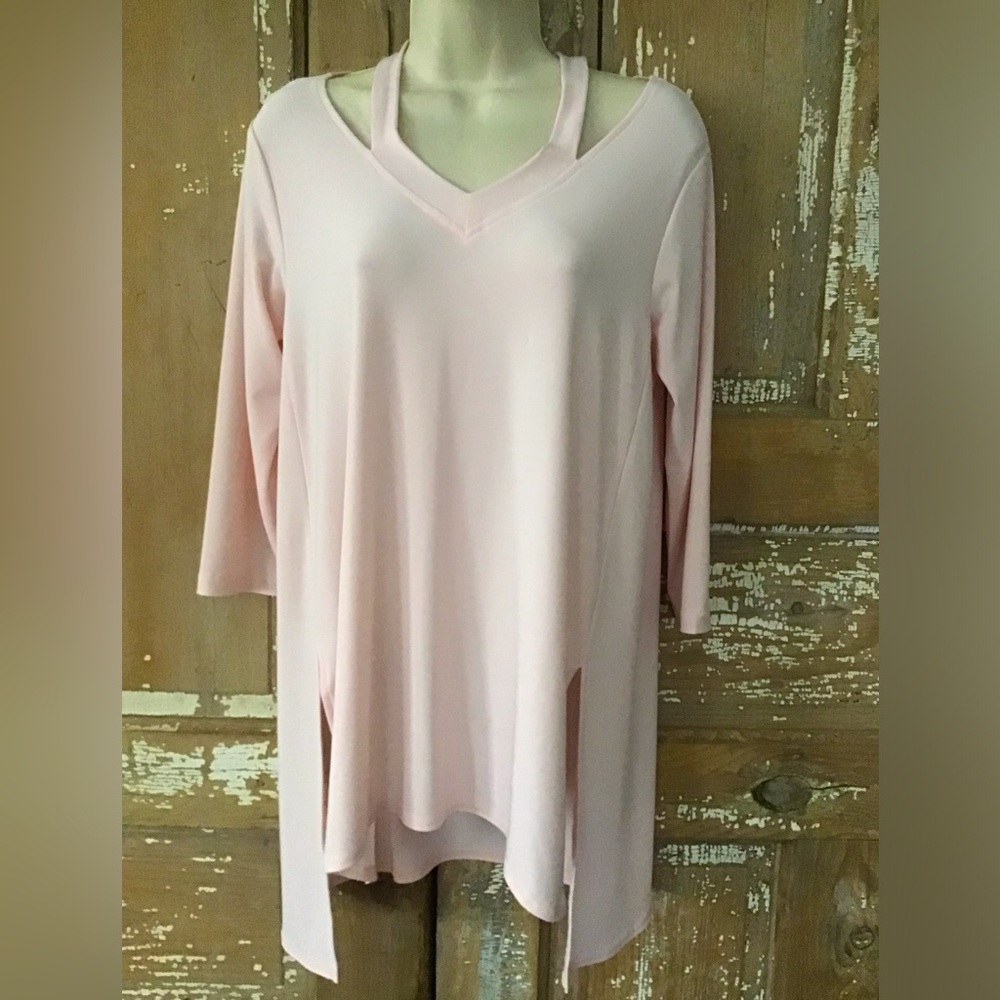 Sympli Tunic Top Stretch Blush Pink Strappy Neck Size 6 Hi- Low